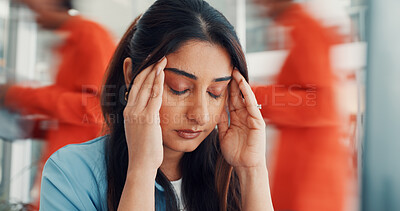 Buy stock photo Stress, business woman and headache in office with discomfort, workload crisis and overworked. Motion blur, employee and tension migraine at work from mental strain, deadline pressure and overwhelmed