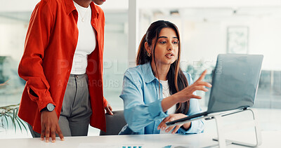 Buy stock photo Meeting, creative and business women on laptop for feedback, article review and submission. Publishing team, media agency and people on computer for editing report, news or story for digital magazine