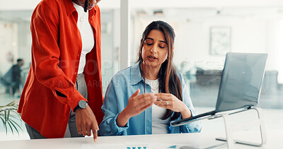 Buy stock photo Meeting, creative and business people on laptop for online article, feedback and submission. Publishing team, media agency and women on computer for editing review, news or story for digital magazine