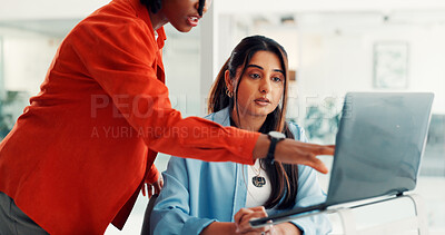 Buy stock photo Meeting, creative and women on laptop for online feedback, article review and submission. Publishing team, media agency and people on computer for editing report, news or story for digital magazine