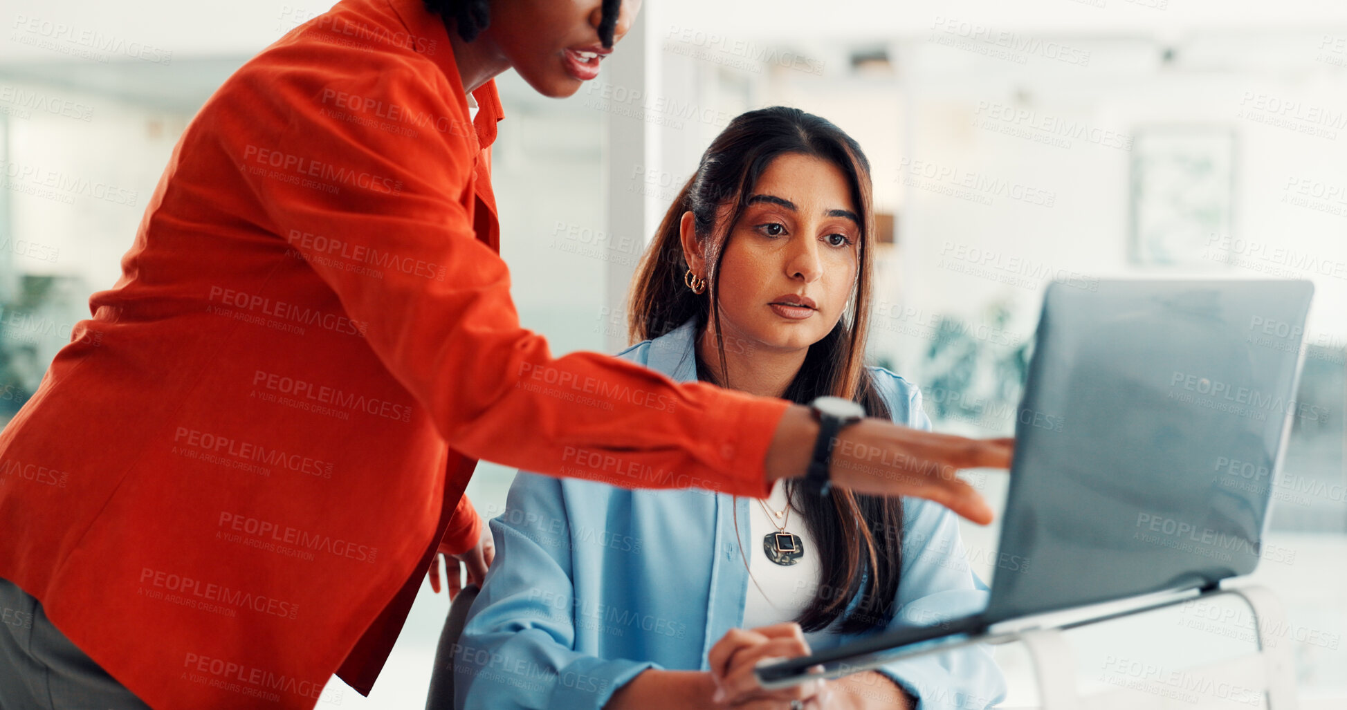 Buy stock photo Meeting, creative and women on laptop for online feedback, article review and submission. Publishing team, media agency and people on computer for editing report, news or story for digital magazine