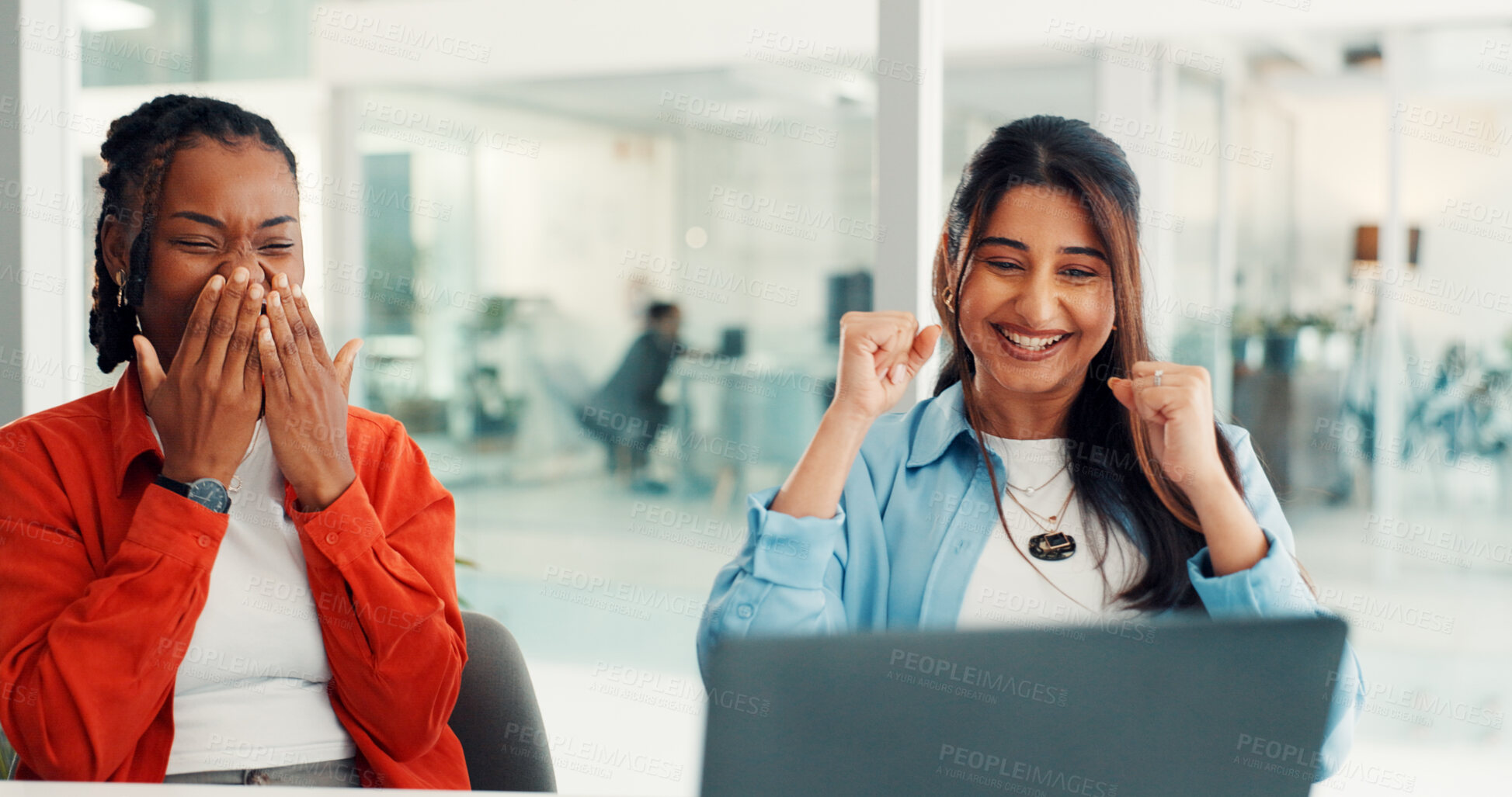 Buy stock photo Meeting, celebrate and business women on laptop for good news, article success and submission. Publishing team, media agency and people on computer for approval, goals or excited for digital magazine