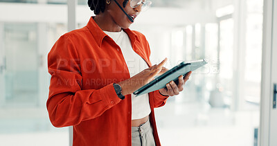 Buy stock photo Telemarketing, mic and hands with tablet, call center or discussion with contact for lead generation. Talking, consultant and person with tech for communication, sales and customer service on website