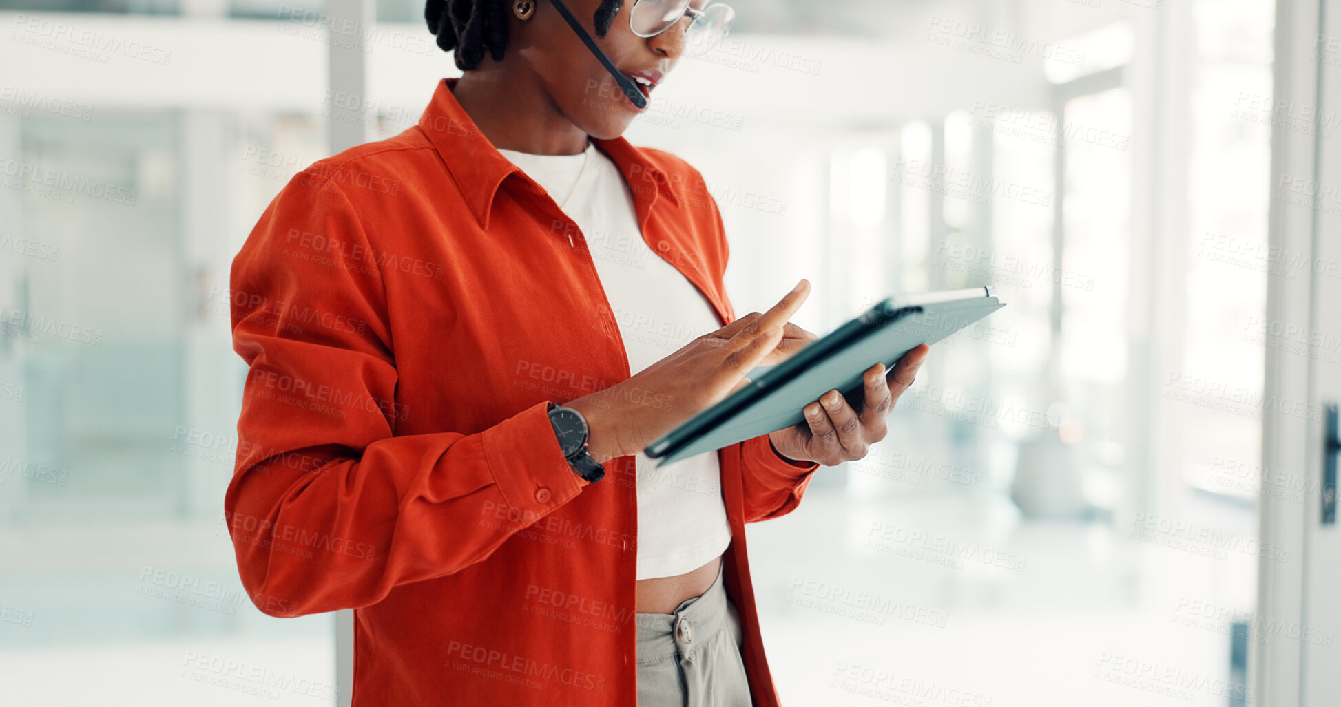 Buy stock photo Telemarketing, mic and hands with tablet, call center or discussion with contact for lead generation. Talking, consultant and person with tech for communication, sales and customer service on website