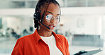 Headset, services and woman with tablet, call center or discussion with contact for lead generation. Telemarketing, consultant and black person with tech for communication, sales and offer on website