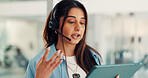 Headset, discussion and woman with tablet, call center and talking with contact for lead generation. Telemarketing, consultant and person with technology for communication, sales and offer on website