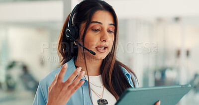 Buy stock photo Headset, discussion and woman with tablet, call center and talking with contact for lead generation. Telemarketing, consultant and person with technology for communication, sales and offer on website