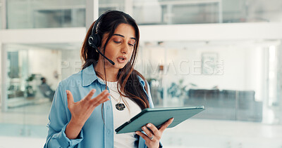 Buy stock photo Headset, telemarketer and woman with tablet, call center or talking with contact for lead generation. Telemarketing, consultant and person with technology for communication, sales and offer on web
