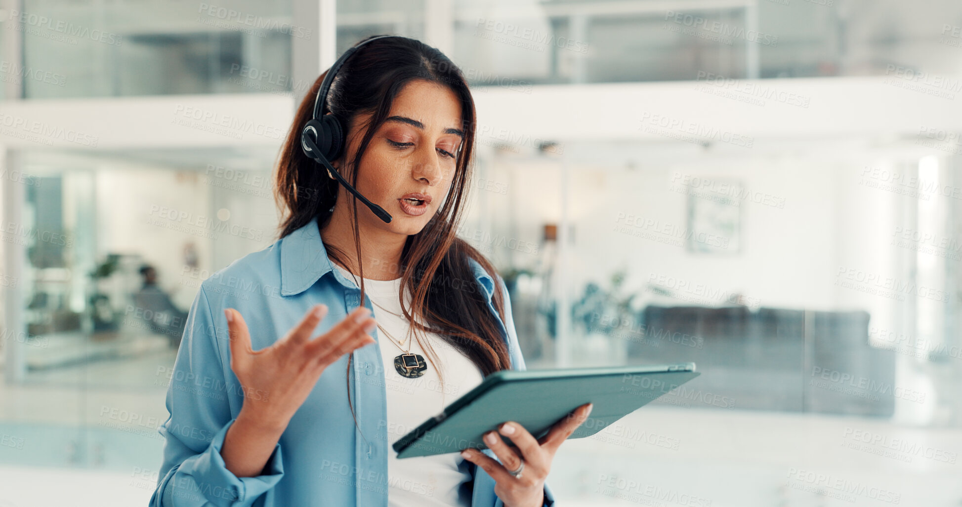 Buy stock photo Headset, telemarketer and woman with tablet, call center or talking with contact for lead generation. Telemarketing, consultant and person with technology for communication, sales and offer on web