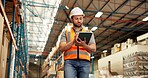 Warehouse, walking and man on tablet for supply chain, online inspection and shipment inventory. Distribution, storage depot and person on digital tech for logistics, shipping or delivery schedule