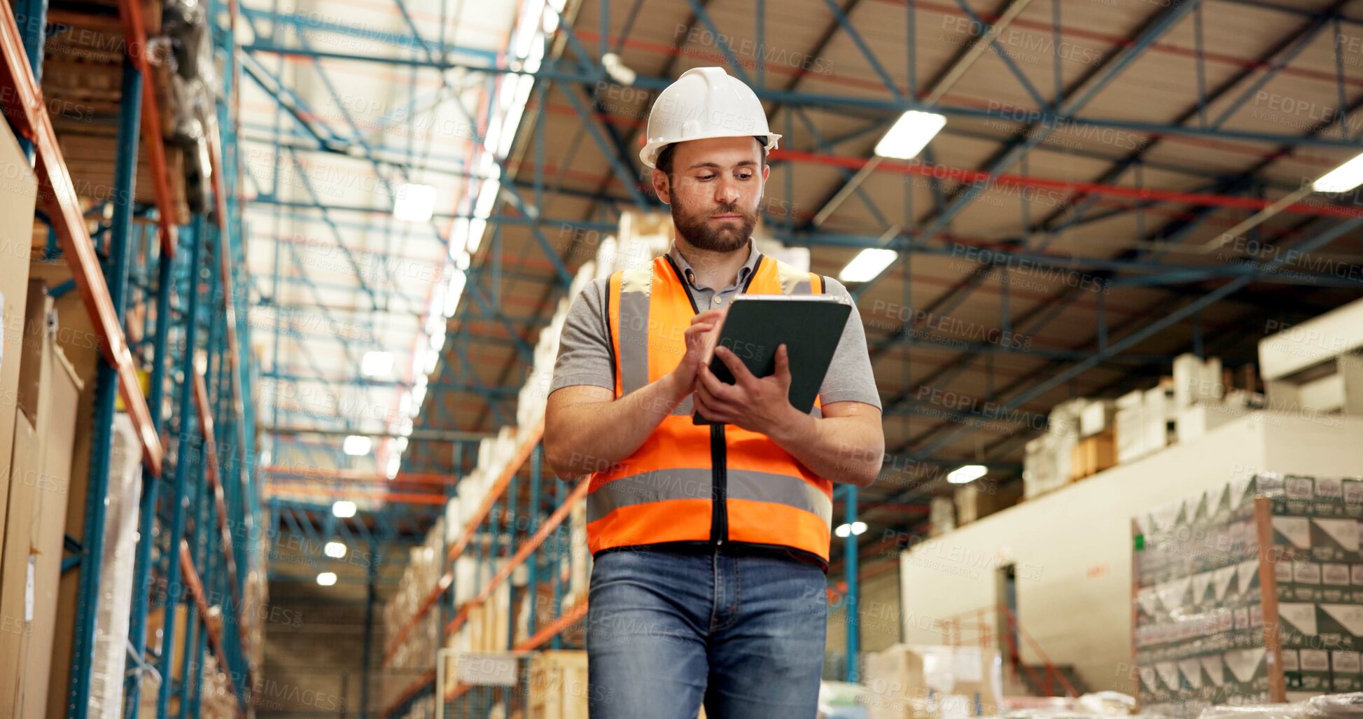Buy stock photo Warehouse, walking and man on tablet for supply chain, online inspection and shipment inventory. Distribution, storage depot and person on digital tech for logistics, shipping or delivery schedule
