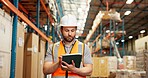 Warehouse, shipping and man on tablet for inspection, delivery schedule and inventory stock. Distribution, storage depot and person on digital tech for online logistics, supply chain and production