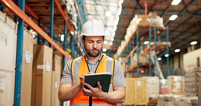 Buy stock photo Warehouse, shipping and man on tablet for inspection, delivery schedule and inventory stock. Distribution, storage depot and person on digital tech for online logistics, supply chain and production