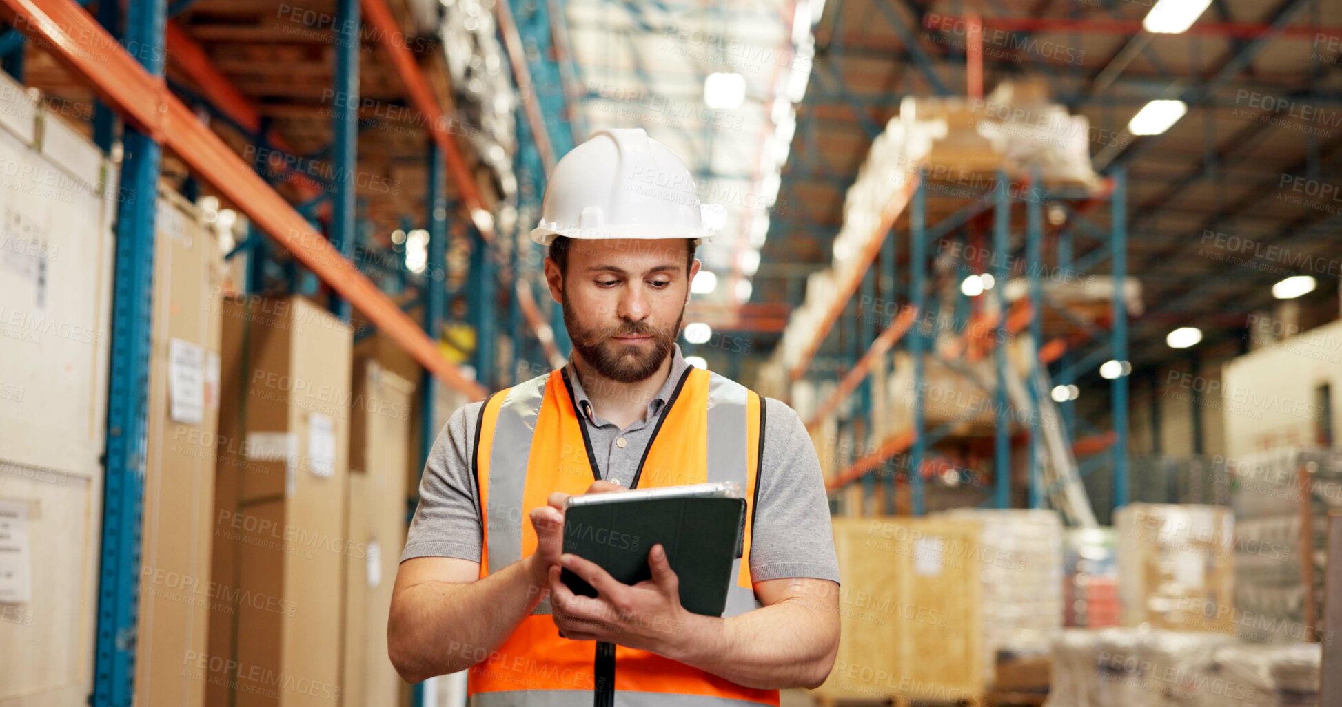 Buy stock photo Warehouse, shipping and man on tablet for inspection, delivery schedule and inventory stock. Distribution, storage depot and person on digital tech for online logistics, supply chain and production