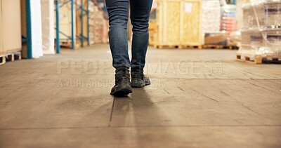 Buy stock photo Person, legs and walking with boxes in warehouse for inventory, storage maintenance or stock. Back view, distributor or supplier in depot with cargo for shipping logistics, export or import business