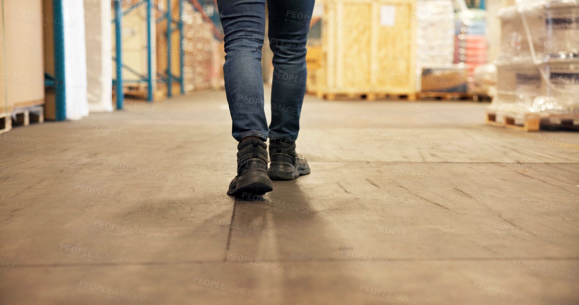 Buy stock photo Person, legs and walking with boxes in warehouse for inventory, storage maintenance or stock. Back view, distributor or supplier in depot with cargo for shipping logistics, export or import business