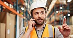 Talking, phone call and man in warehouse for supply chain, delivery schedule or shipping update. Distribution, storage depot and person on smartphone for contact for logistics, planning or production