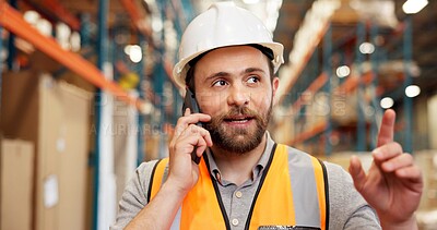 Buy stock photo Talking, phone call and man in warehouse for supply chain, delivery schedule or shipping update. Distribution, storage depot and person on smartphone for contact for logistics, planning or production