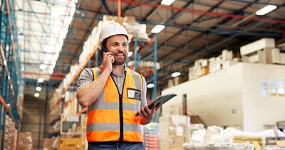 Buy stock photo Businessman, phone call or logistics with tablet for inventory, checklist or communication in depot. Man, distributor or supplier talking with mobile smartphone or technology for stock in warehouse