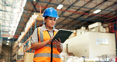 Buy stock photo Warehouse, distribution and woman on tablet for inspection, delivery schedule and inventory stock. Shipping, storage depot and person on digital tech for online logistics, supply chain and production