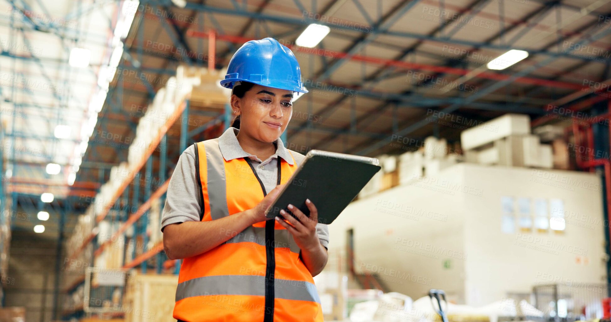 Buy stock photo Warehouse, distribution and woman on tablet for inspection, delivery schedule and inventory stock. Shipping, storage depot and person on digital tech for online logistics, supply chain and production