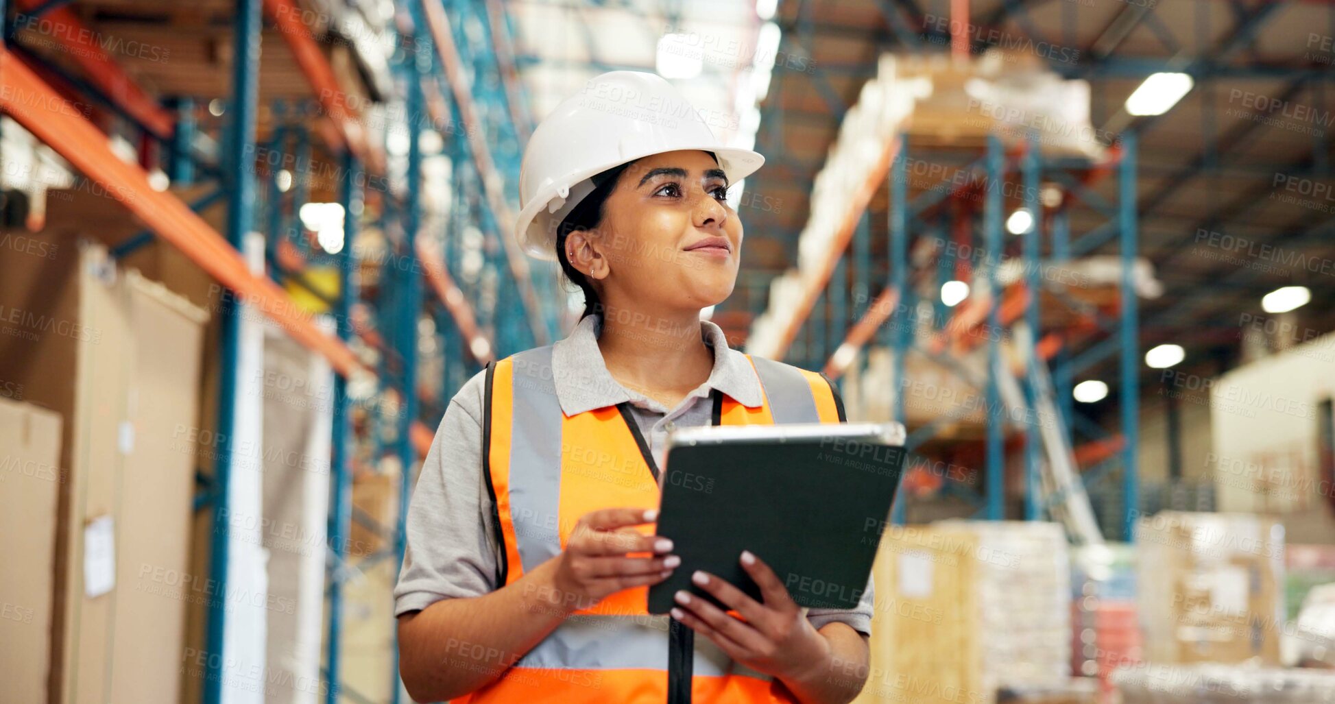 Buy stock photo Warehouse, supervisor and woman with tablet, supply chain and stock inventory with web or logistics. Shipping, factory and person with tech for quality assurance, think and planning for distribution