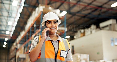 Buy stock photo Walking, phone call and woman in warehouse for supply chain, delivery schedule or shipping update. Distribution, storage depot and person on smartphone talking for logistics, planning and contact