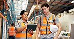Warehouse, shipping and people on tablet for supply chain, delivery schedule and inventory checklist. Distribution, teamwork and workers on digital tech for online logistics, meeting and inspection
