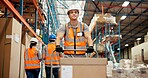 Logistics, trolley and man in warehouse with box, shipment prep or inventory management in delivery. Distribution, ppe and loader in depot with stock, dropshipping or export control in supply chain.
