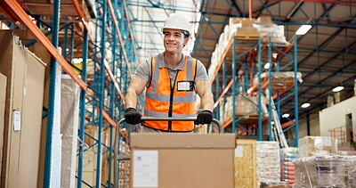 Buy stock photo Logistics, trolley and man in warehouse with package, shipment prep or inventory management in delivery. Distribution, ppe and loader in depot with box, dropshipping or export control in supply chain