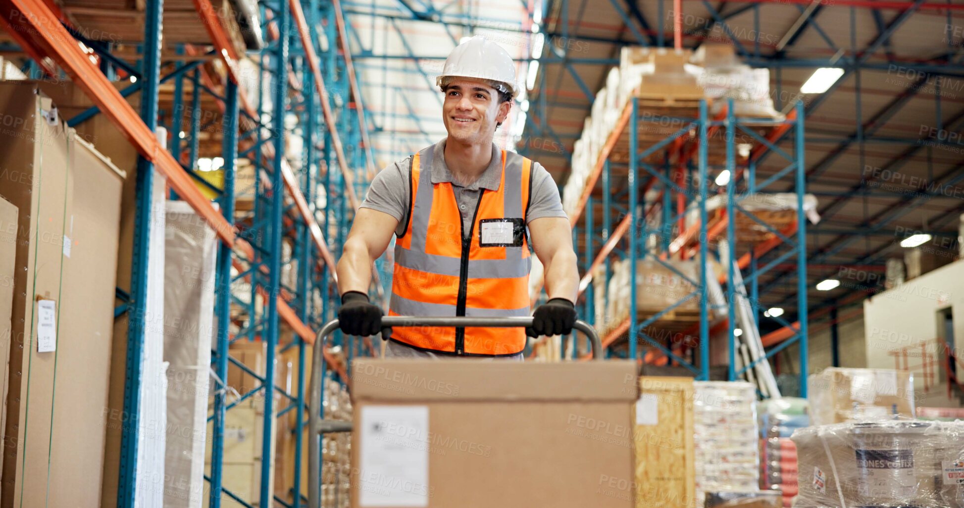 Buy stock photo Logistics, trolley and man in warehouse with package, shipment prep or inventory management in delivery. Distribution, ppe and loader in depot with box, dropshipping or export control in supply chain