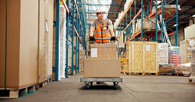 Buy stock photo Logistics, trolley and man in warehouse with stock, shipment prep or inventory management in delivery. Distribution, ppe and loader in depot with box, dropshipping or export control in supply chain.