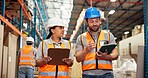 Clipboard, shipping and people on tablet for supply chain, delivery schedule and inventory checklist. Distribution, teamwork and workers on digital tech for online logistics, meeting and inspection