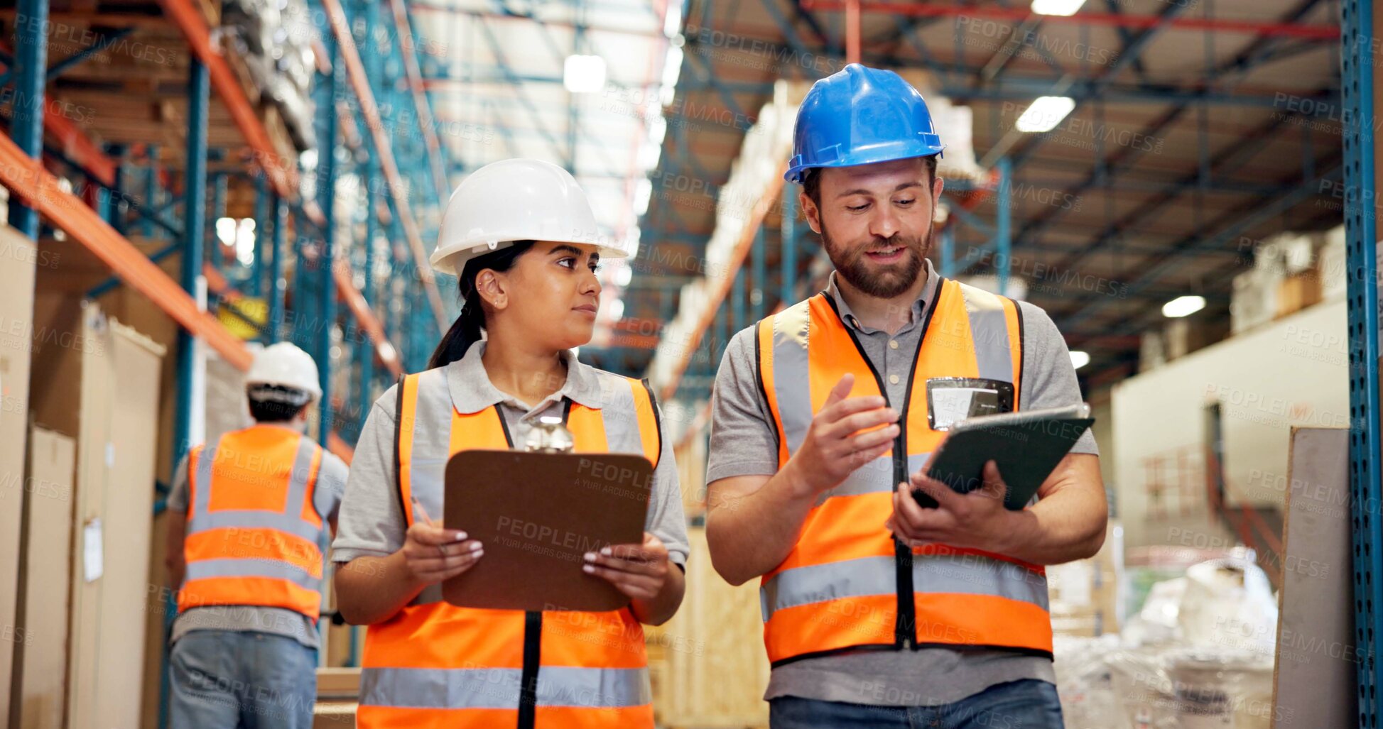 Buy stock photo Clipboard, warehouse and people on tablet for supply chain, delivery schedule and inventory checklist. Distribution, teamwork and workers on digital tech for online logistics, inspection and shipping