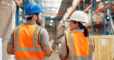 Buy stock photo Logistics, inspection or people talk in warehouse for inventory check, shipping schedule or distribution. Supply chain, storage quality control or workers speaking with agenda, monitor export or back