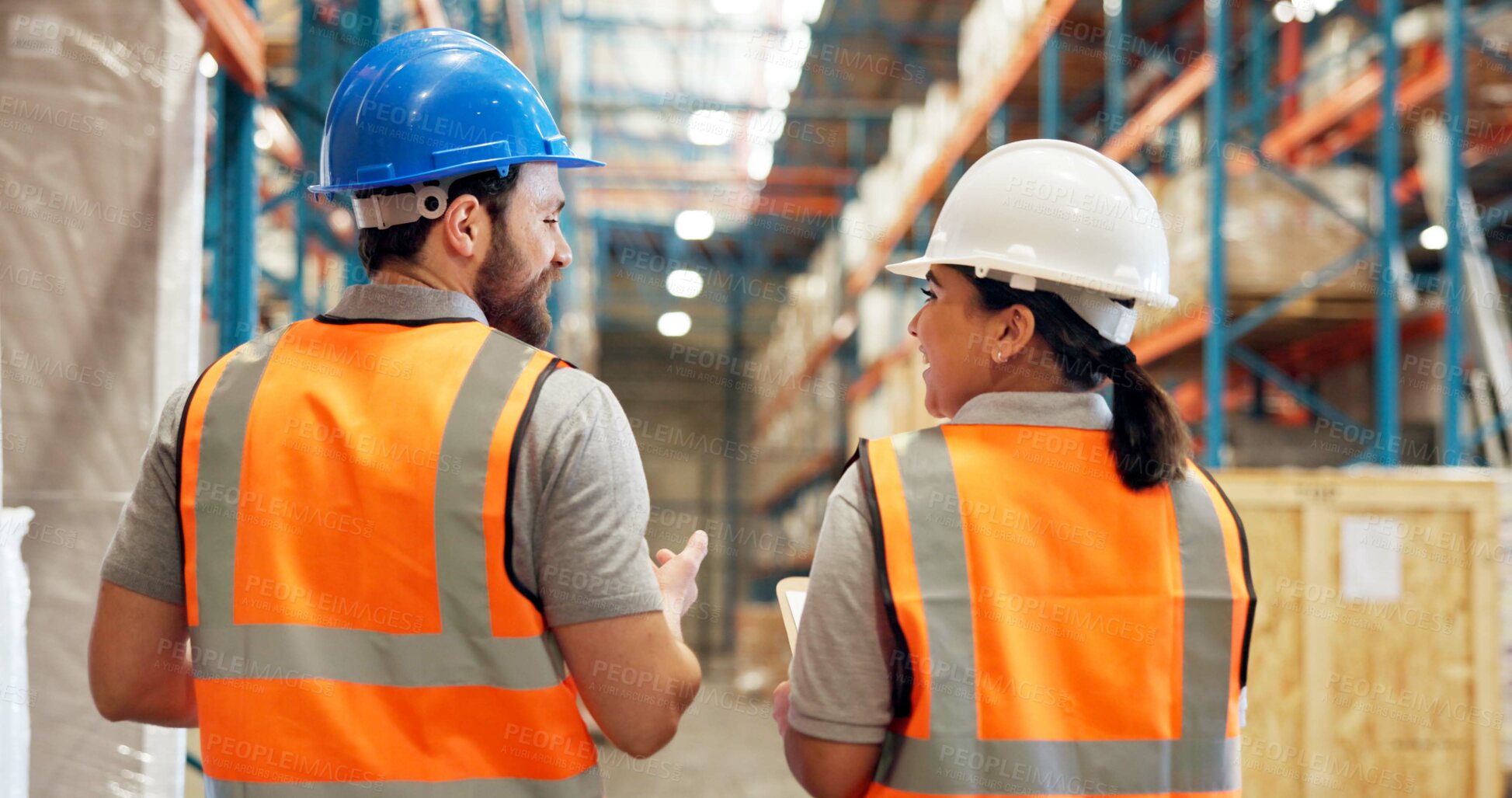 Buy stock photo Logistics, inspection or people talk in warehouse for inventory check, shipping schedule or distribution. Supply chain, storage quality control or workers speaking with agenda, monitor export or back