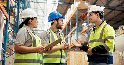Buy stock photo Logistics, discussion or people in storage warehouse for shipping planning, transport or distribution. Supply chain, teamwork or group talking for export schedule, freight delivery or cargo shipment