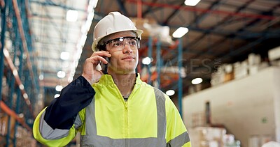 Buy stock photo Talking, phone call and man in warehouse for shipping, delivery schedule or supply chain update. Distribution, storage depot and person on smartphone for contact for logistics, planning or inspection