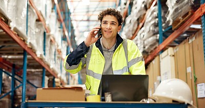 Buy stock photo Distribution, phone call and man in warehouse, logistics and schedule for cargo shipping. Person, contact and employee in factory, cellphone or supply chain with delivery checklist or conversation