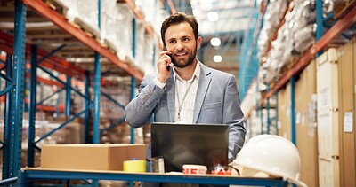 Buy stock photo Inspection, phone call and man in warehouse, logistics and schedule for cargo shipping. Person, contact and employee in factory, cellphone or distribution with delivery checklist, app and discussion