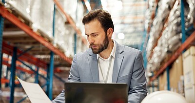 Buy stock photo Warehouse, paperwork and man on laptop for supply chain, online inspection and shipment inventory. Distribution, storage depot and person on computer for logistics, shipping and delivery checklist