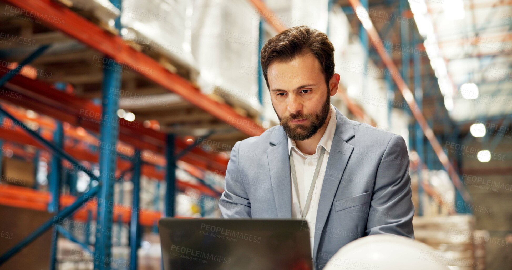 Buy stock photo Warehouse, typing and man on laptop for supply chain, online inspection and shipment inventory. Distribution, storage depot and person on computer for logistics, shipping and delivery schedule