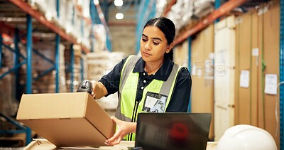 Buy stock photo Warehouse, shipping and woman with barcode on box for supply chain, freight orders or inventory. Distribution, storage depot and person with scanner on laptop for inspection, logistics and delivery