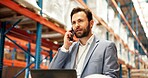 Supply chain, phone call and man in warehouse, distribution and schedule for cargo shipping. Person, laptop and employee in workplace, smartphone or logistics with delivery checklist or communication