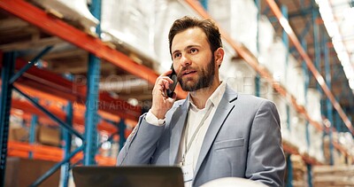 Buy stock photo Supply chain, phone call and man in warehouse, distribution and schedule for cargo shipping. Person, laptop and employee in workplace, smartphone or logistics with delivery checklist or communication
