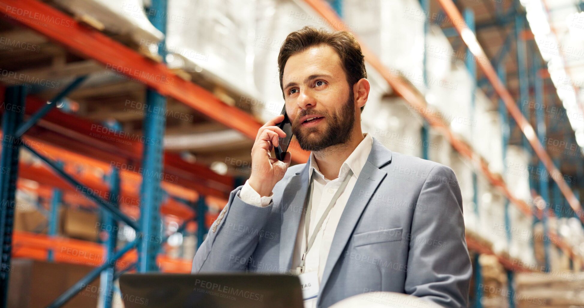 Buy stock photo Supply chain, phone call and man in warehouse, distribution and schedule for cargo shipping. Person, laptop and employee in workplace, smartphone or logistics with delivery checklist or communication