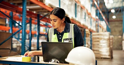 Buy stock photo Warehouse, shipping and woman on laptop for supply chain, shipment orders and online inventory. Distribution, storage depot and person on computer for inspection, logistics or delivery on website