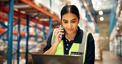 Buy stock photo Supply chain, phone call and woman in factory, laptop and online schedule for cargo shipping. Person, inspector and employee with pc, smartphone or distribution with email for delivery checklist
