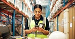 Supply chain, woman or typing in warehouse with phone for shipping, export or logistics communication. Worker, happy person or tech in storehouse for text message, distribution and delivery feedback.