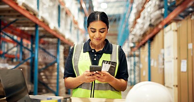 Buy stock photo Supply chain, woman or typing in warehouse with phone for shipping, export or logistics communication. Worker, happy person or tech in storehouse for text message, distribution and delivery feedback.